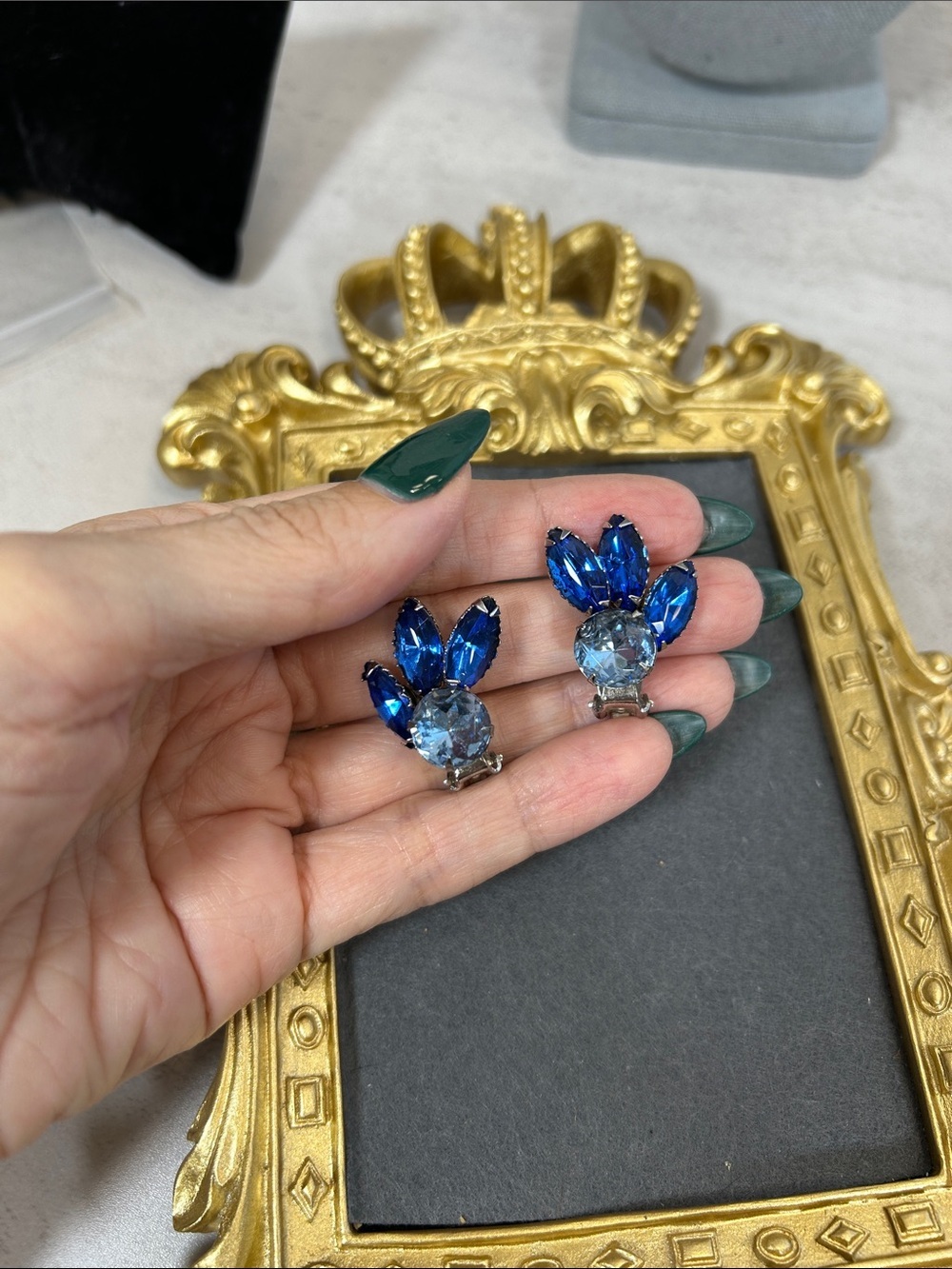 Vintage Elegant Blue Crystal Clip-On Earrings - Sparkling Sapphire & Sky Blue